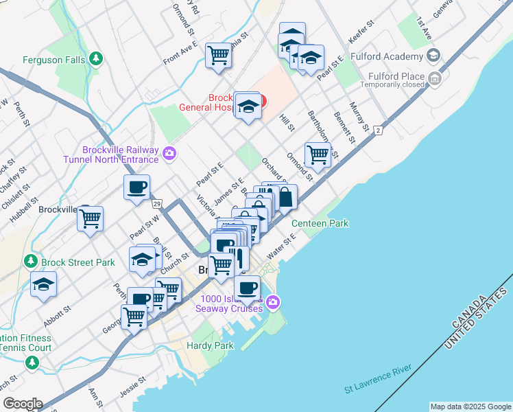 map of restaurants, bars, coffee shops, grocery stores, and more near 40 Pine Street in Brockville