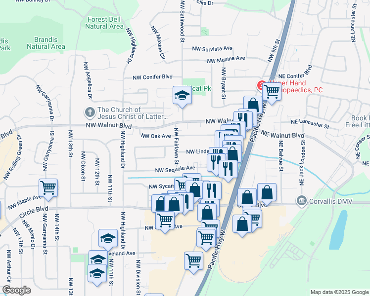 map of restaurants, bars, coffee shops, grocery stores, and more near 672 Northwest Linden Avenue in Corvallis