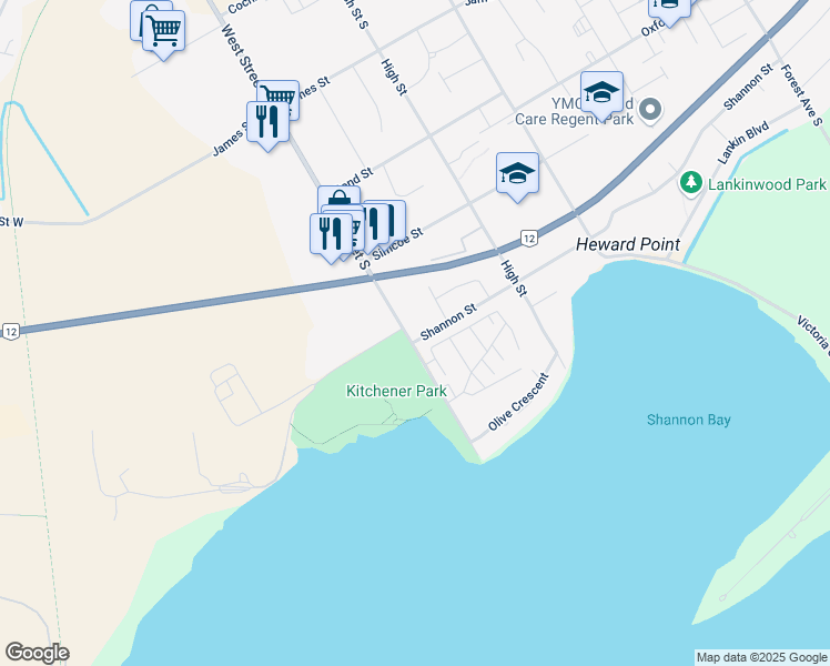 map of restaurants, bars, coffee shops, grocery stores, and more near 2 Shannon Street in Orillia