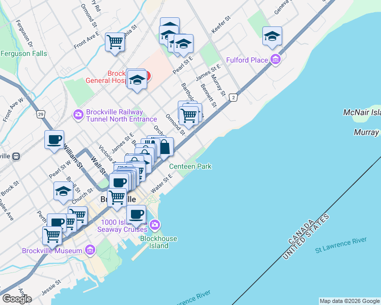 map of restaurants, bars, coffee shops, grocery stores, and more near 92 Water Street East in Brockville