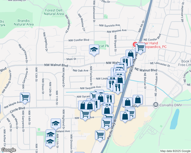 map of restaurants, bars, coffee shops, grocery stores, and more near 672 Northwest Linden Avenue in Corvallis