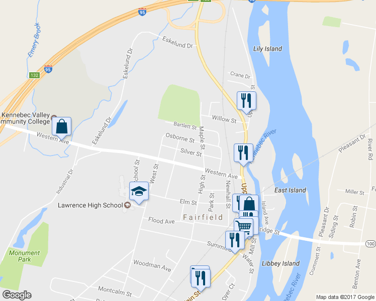 map of restaurants, bars, coffee shops, grocery stores, and more near 16 Silver Street in Fairfield