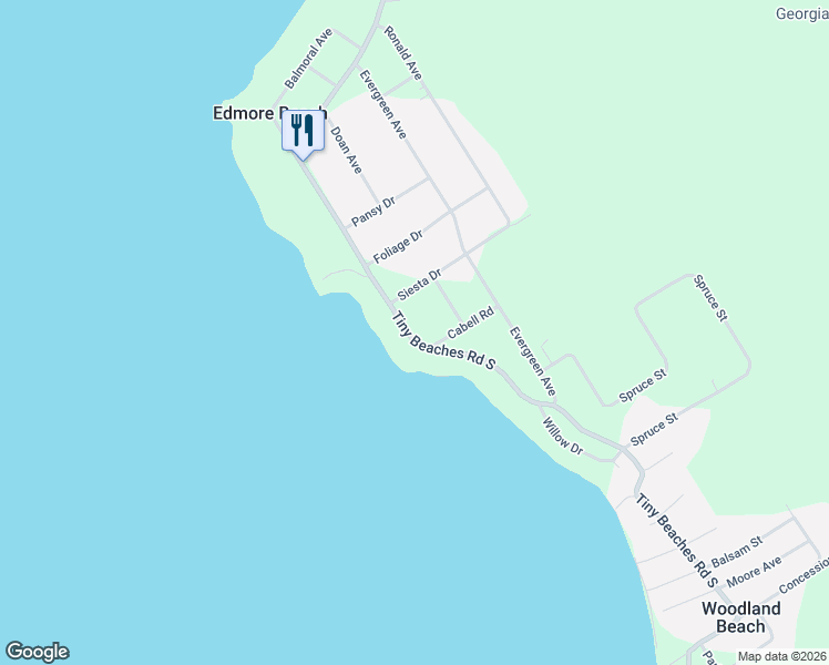 map of restaurants, bars, coffee shops, grocery stores, and more near 1807 Tiny Beaches Road South in Simcoe County