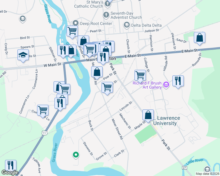 map of restaurants, bars, coffee shops, grocery stores, and more near 59 59 1/2 Miner Street Rd in Canton