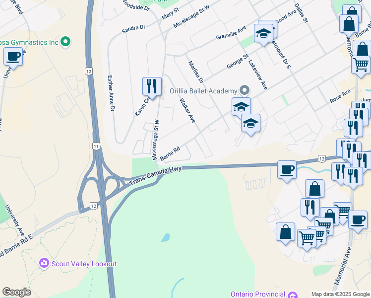 map of restaurants, bars, coffee shops, grocery stores, and more near 441 Barrie Road in Orillia