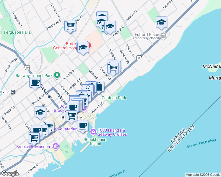 map of restaurants, bars, coffee shops, grocery stores, and more near 109 King Street East in Brockville
