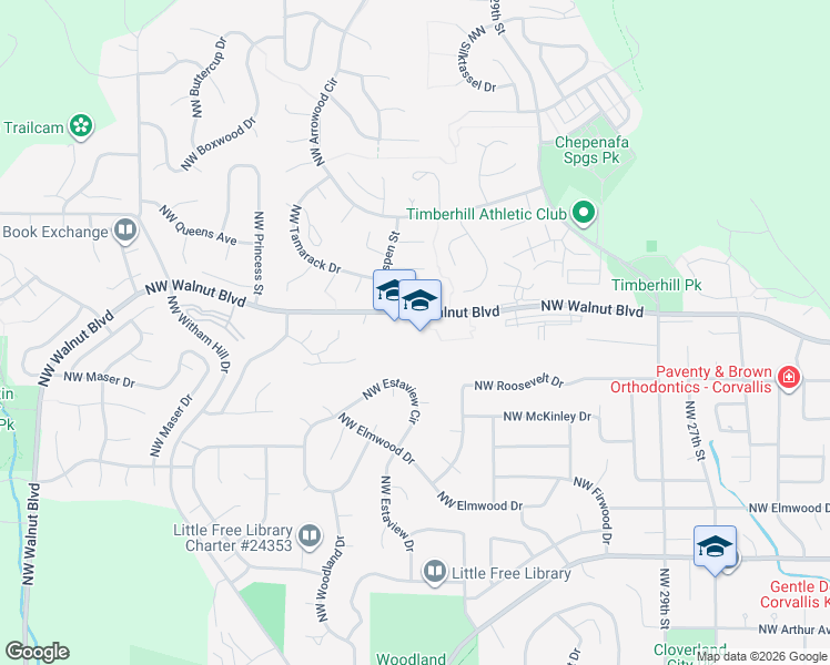 map of restaurants, bars, coffee shops, grocery stores, and more near 3838 Northwest Walnut Boulevard in Corvallis