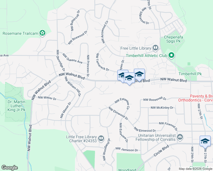 map of restaurants, bars, coffee shops, grocery stores, and more near 3931 Northwest Walnut Place in Corvallis