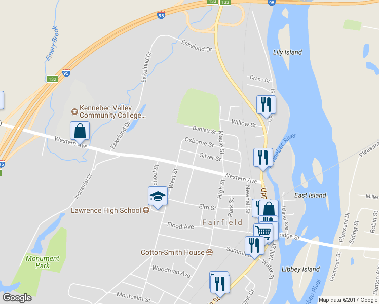 map of restaurants, bars, coffee shops, grocery stores, and more near 24 Silver Street in Fairfield