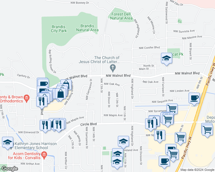 map of restaurants, bars, coffee shops, grocery stores, and more near 2420 Northwest Dixon Street in Corvallis