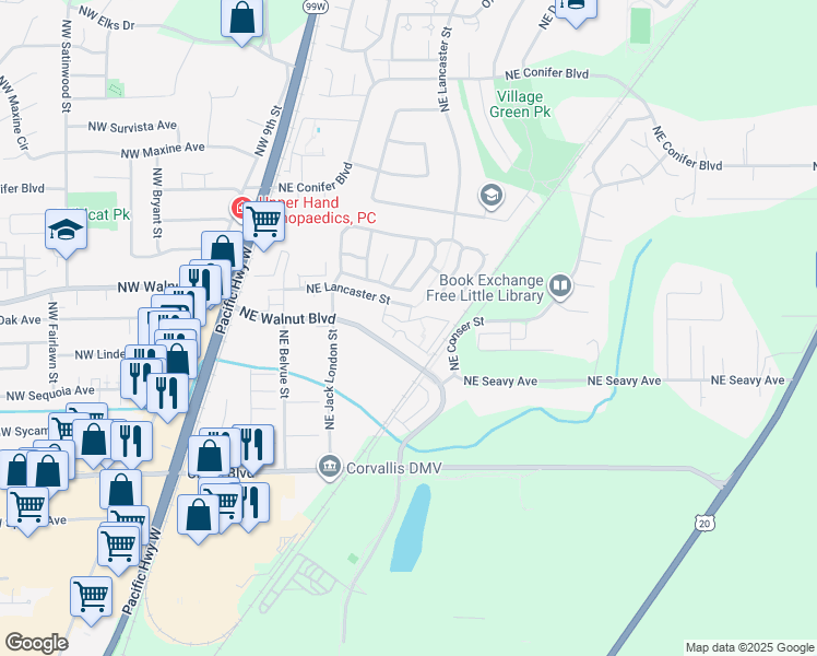 map of restaurants, bars, coffee shops, grocery stores, and more near 58 Gold Rush Circle in Corvallis