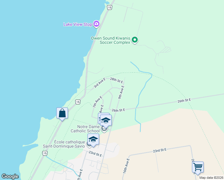 map of restaurants, bars, coffee shops, grocery stores, and more near 865 27th Street East in Owen Sound