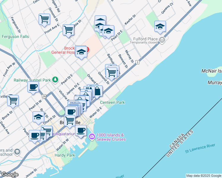 map of restaurants, bars, coffee shops, grocery stores, and more near 117 King Street East in Brockville