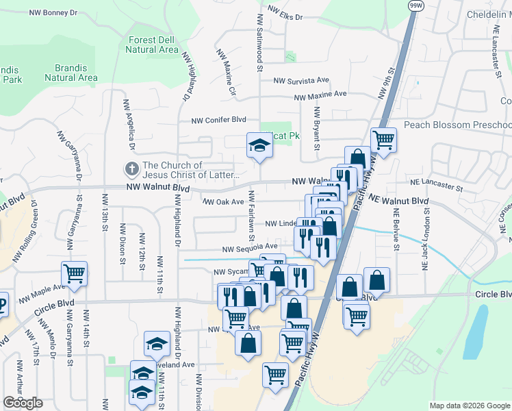 map of restaurants, bars, coffee shops, grocery stores, and more near 2493 Northwest Fairlawn Street in Corvallis