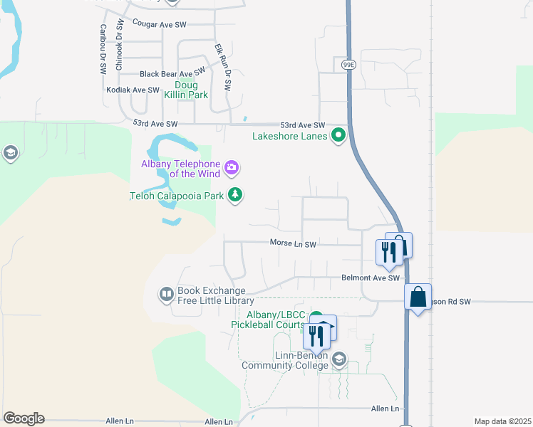 map of restaurants, bars, coffee shops, grocery stores, and more near 1307 Sitka Court Southwest in Albany