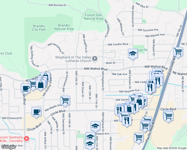 map of restaurants, bars, coffee shops, grocery stores, and more near 1110 Northwest Walnut Boulevard in Corvallis