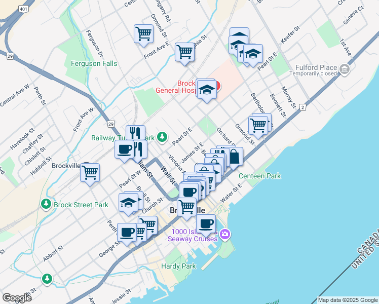 map of restaurants, bars, coffee shops, grocery stores, and more near 24 James Street East in Brockville