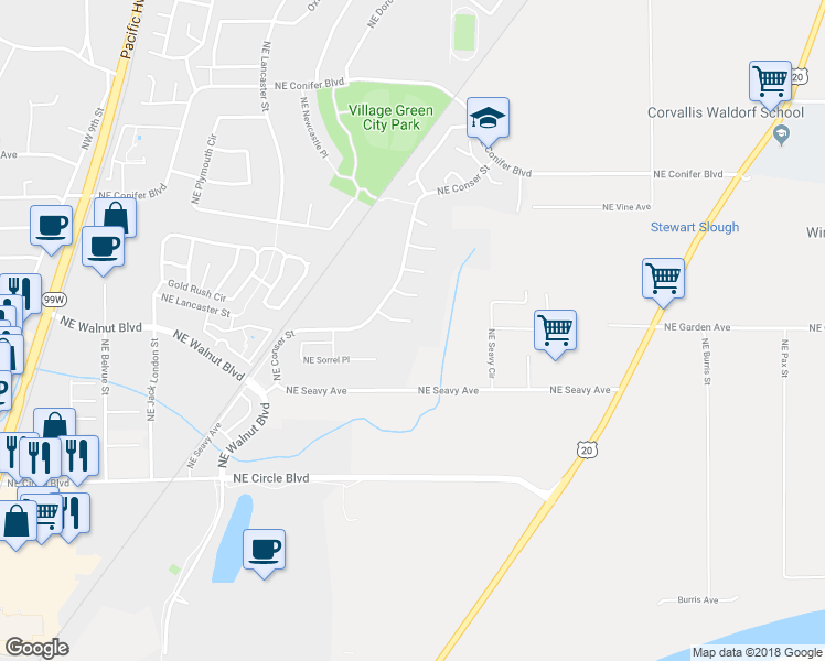 map of restaurants, bars, coffee shops, grocery stores, and more near 995 Northeast Angelee Place in Corvallis