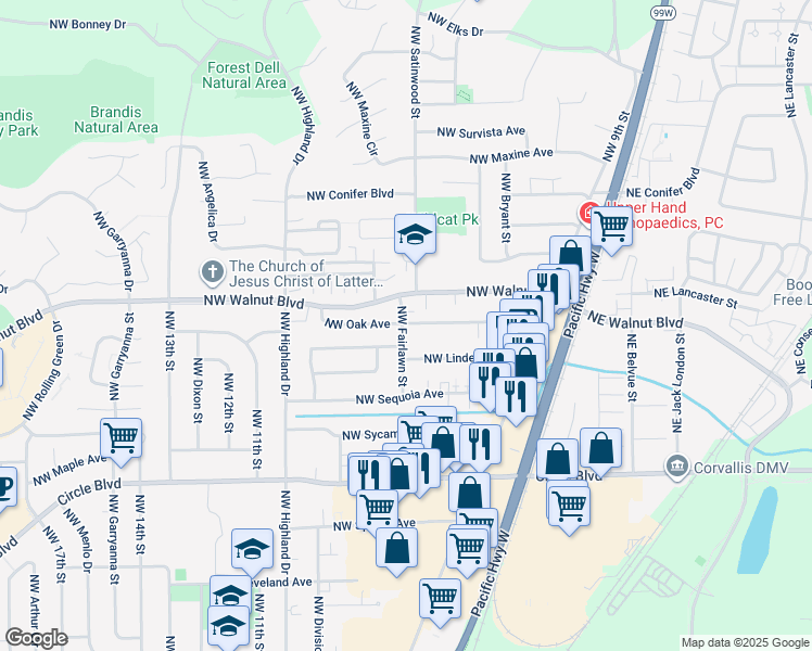 map of restaurants, bars, coffee shops, grocery stores, and more near 2549 Northwest Fairlawn Street in Corvallis
