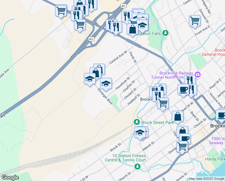 map of restaurants, bars, coffee shops, grocery stores, and more near 98 Havelock Street in Brockville