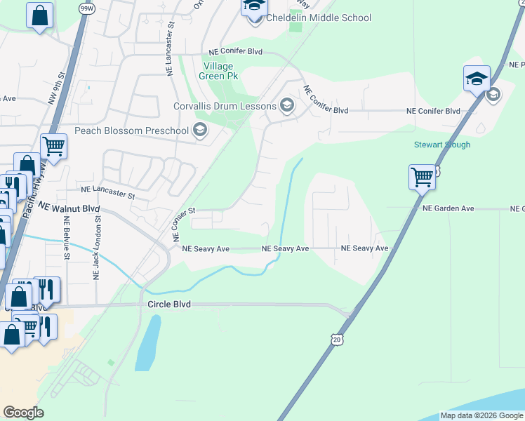 map of restaurants, bars, coffee shops, grocery stores, and more near 996 Northeast Angelee Place in Corvallis