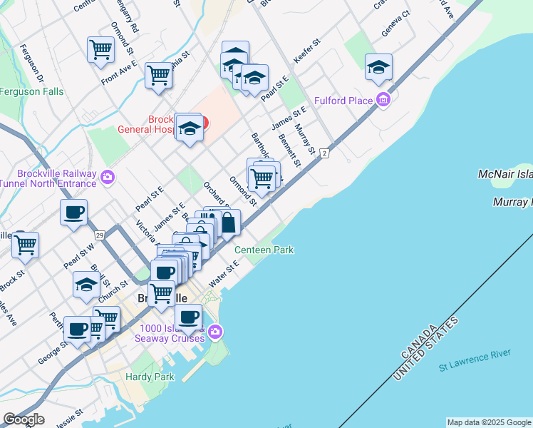 map of restaurants, bars, coffee shops, grocery stores, and more near 127 King Street East in Brockville