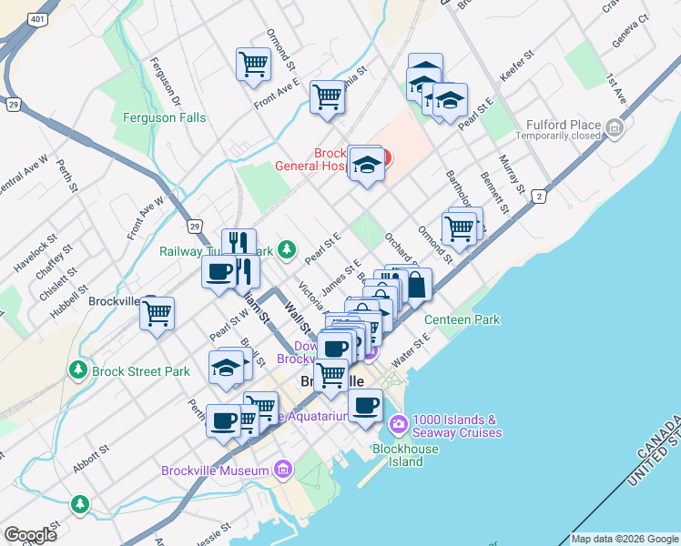 map of restaurants, bars, coffee shops, grocery stores, and more near 32 James Street East in Brockville