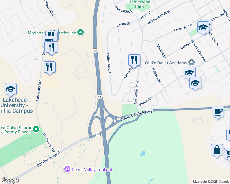 map of restaurants, bars, coffee shops, grocery stores, and more near 10 Karen Crescent in Orillia