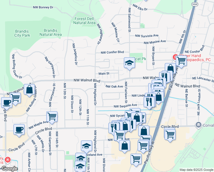 map of restaurants, bars, coffee shops, grocery stores, and more near 951 Northwest Oak Avenue in Corvallis