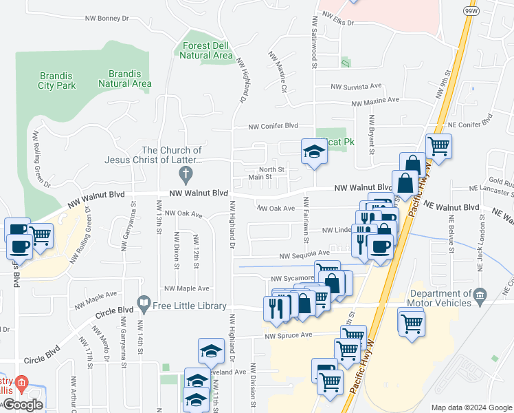 map of restaurants, bars, coffee shops, grocery stores, and more near 953 Northwest Oak Avenue in Corvallis