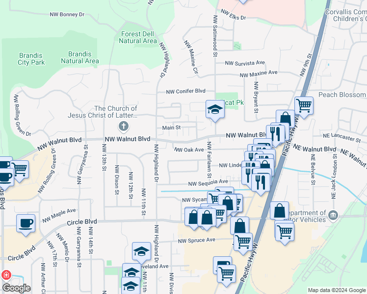 map of restaurants, bars, coffee shops, grocery stores, and more near 875 Northwest Oak Avenue in Corvallis