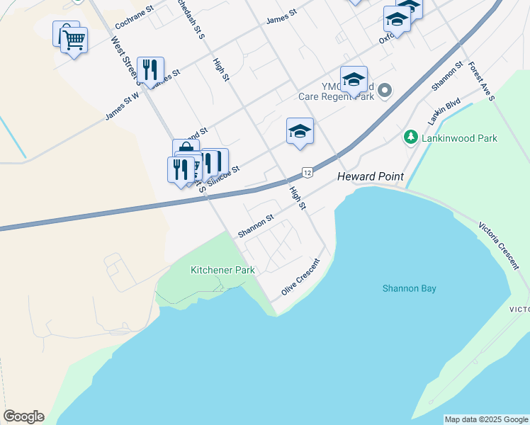 map of restaurants, bars, coffee shops, grocery stores, and more near 24 Korlea Crescent in Orillia