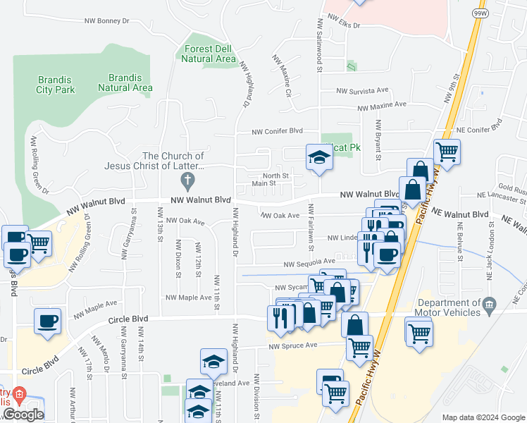 map of restaurants, bars, coffee shops, grocery stores, and more near 951 Northwest Oak Avenue in Corvallis