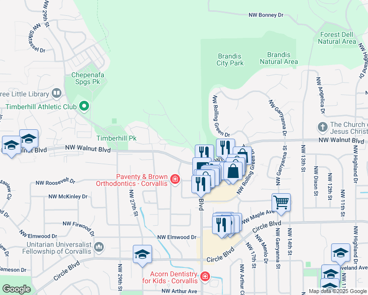 map of restaurants, bars, coffee shops, grocery stores, and more near 2150 Century Drive in Corvallis