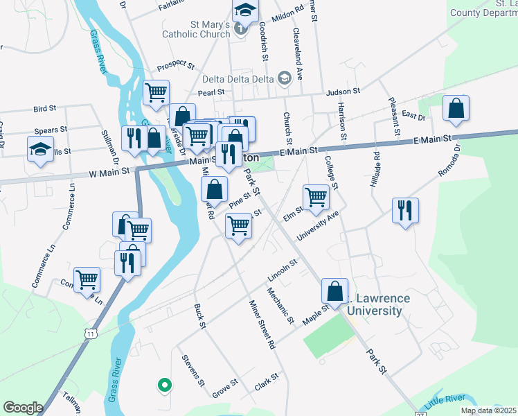 map of restaurants, bars, coffee shops, grocery stores, and more near 36 Park St in Canton