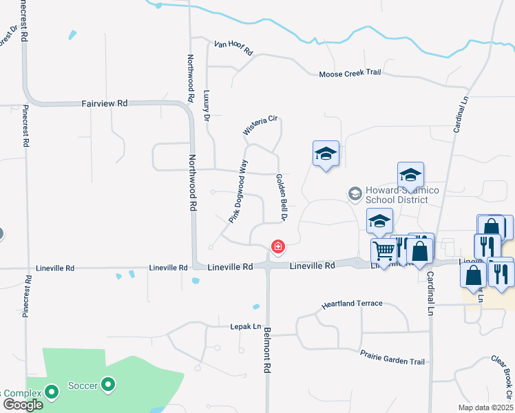 map of restaurants, bars, coffee shops, grocery stores, and more near 2831 Yellow Jasmine Way in Suamico