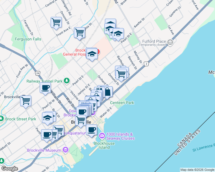 map of restaurants, bars, coffee shops, grocery stores, and more near Pine Street in Brockville