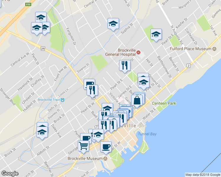 map of restaurants, bars, coffee shops, grocery stores, and more near 10 Pearl Street East in Brockville