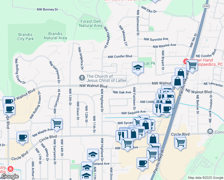 map of restaurants, bars, coffee shops, grocery stores, and more near 955 Northwest Oak Avenue in Corvallis