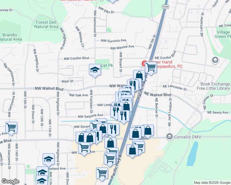 map of restaurants, bars, coffee shops, grocery stores, and more near 585 Northwest Oak Avenue in Corvallis