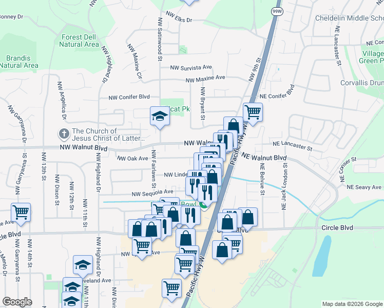 map of restaurants, bars, coffee shops, grocery stores, and more near 595 Northwest Oak Avenue in Corvallis