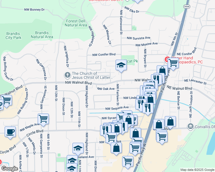 map of restaurants, bars, coffee shops, grocery stores, and more near 875 Northwest Oak Avenue in Corvallis