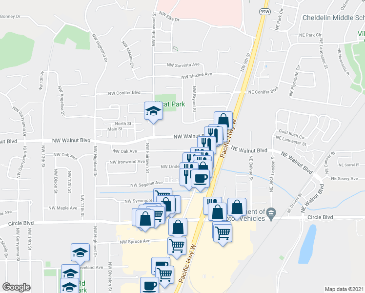 map of restaurants, bars, coffee shops, grocery stores, and more near 605 Northwest Oak Avenue in Corvallis