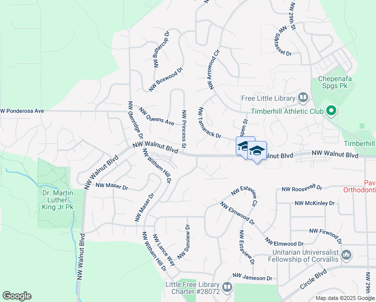 map of restaurants, bars, coffee shops, grocery stores, and more near 2525 NW Princess St in Corvallis