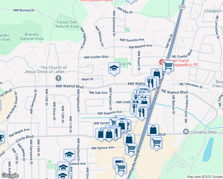 map of restaurants, bars, coffee shops, grocery stores, and more near 2549 Northwest Fairlawn Street in Corvallis