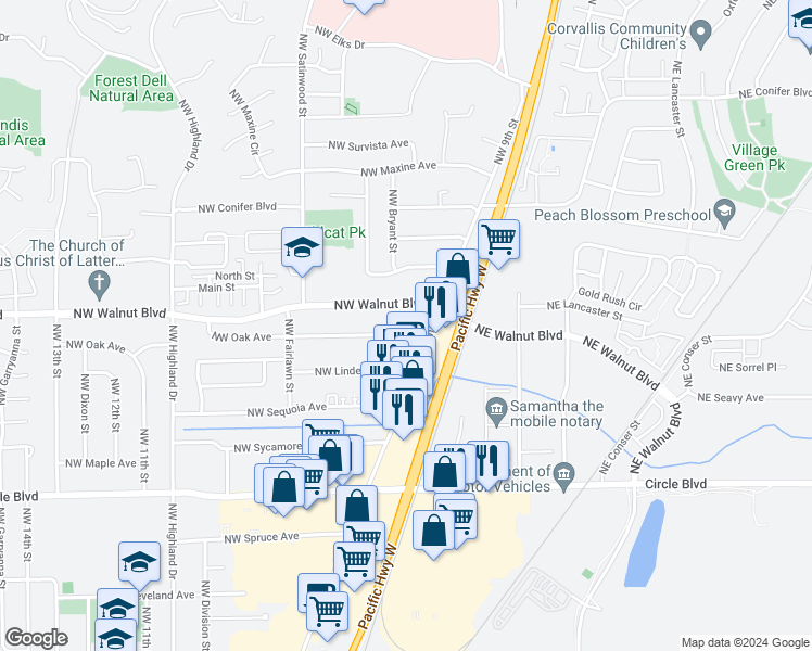 map of restaurants, bars, coffee shops, grocery stores, and more near 527 Northwest Oak Avenue in Corvallis