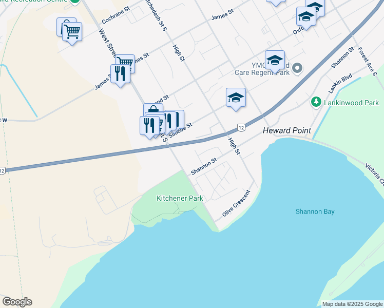 map of restaurants, bars, coffee shops, grocery stores, and more near 3 Kris Court in Orillia