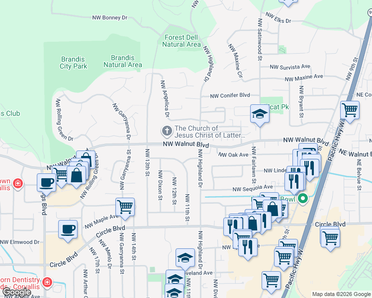 map of restaurants, bars, coffee shops, grocery stores, and more near 1110 Northwest Walnut Boulevard in Corvallis