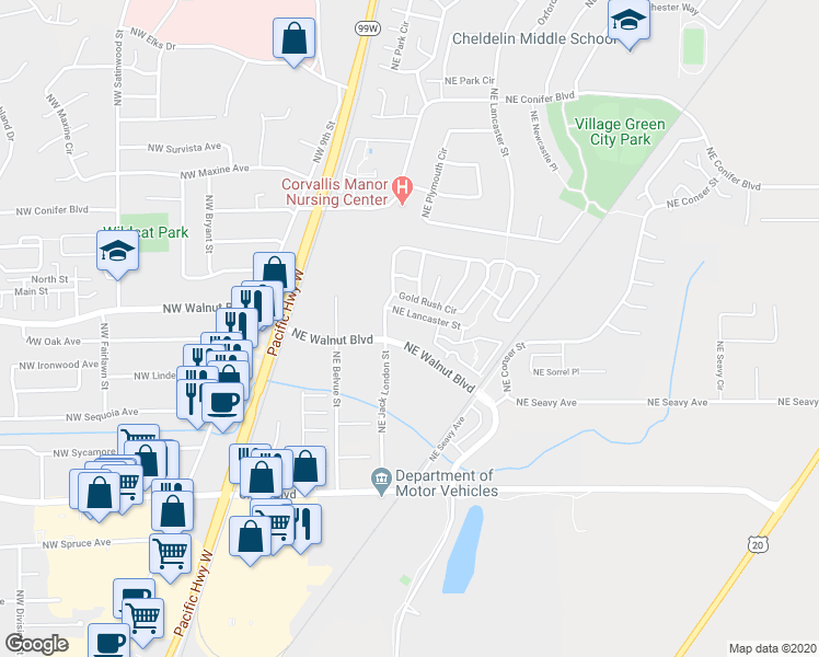 map of restaurants, bars, coffee shops, grocery stores, and more near 2595 Northeast Jack London Street in Corvallis