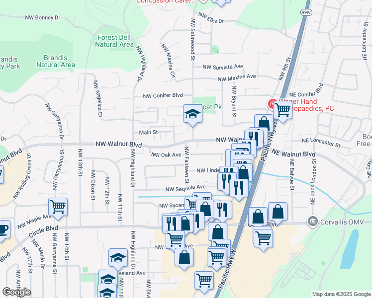 map of restaurants, bars, coffee shops, grocery stores, and more near 2549 Northwest Fairlawn Street in Corvallis